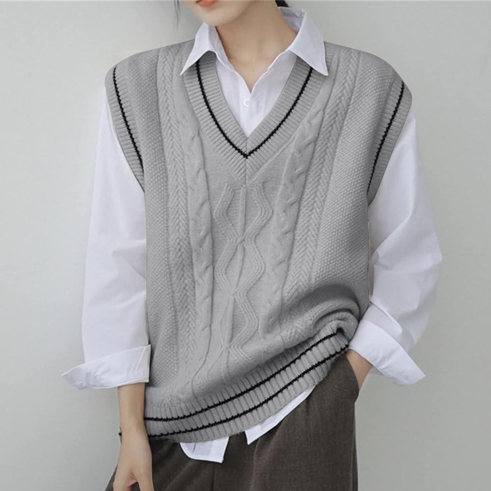 Womens V Neck Sweater Vest Oversized Sleeveless Loose Knit